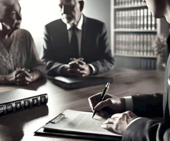 Yaşlı müvekkiller ile miras hukuku hakkında görüşen miras avukatı